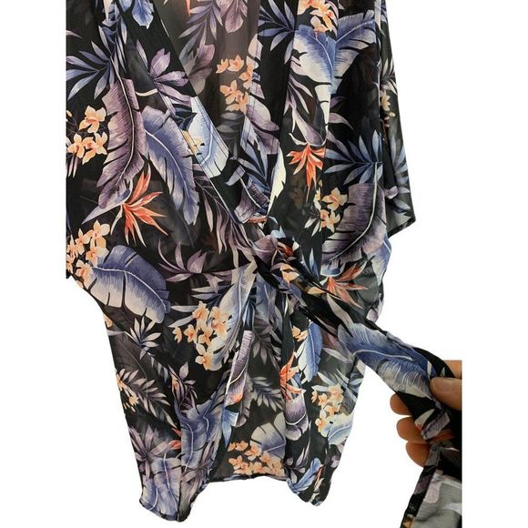 Kimono Sheer Swim Cover S/M Lulus Tie Front Band Collar Cutaway Front 6283 - Picture 2 of 7